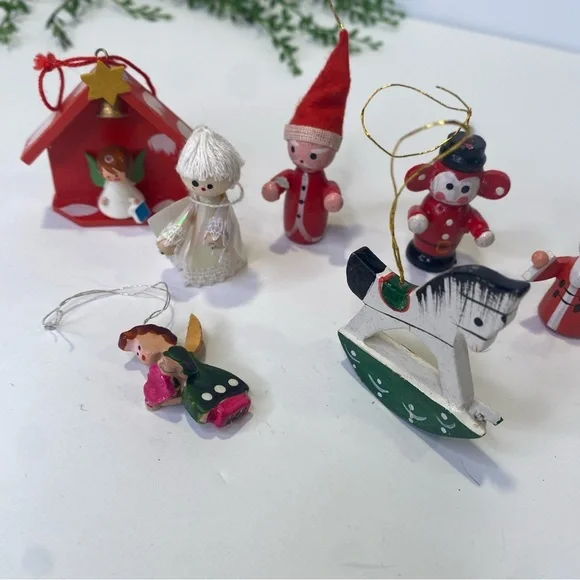 Group of 7 Tiny Ornaments Wooden Hand Painted Made in Japan Red Angels Monkey